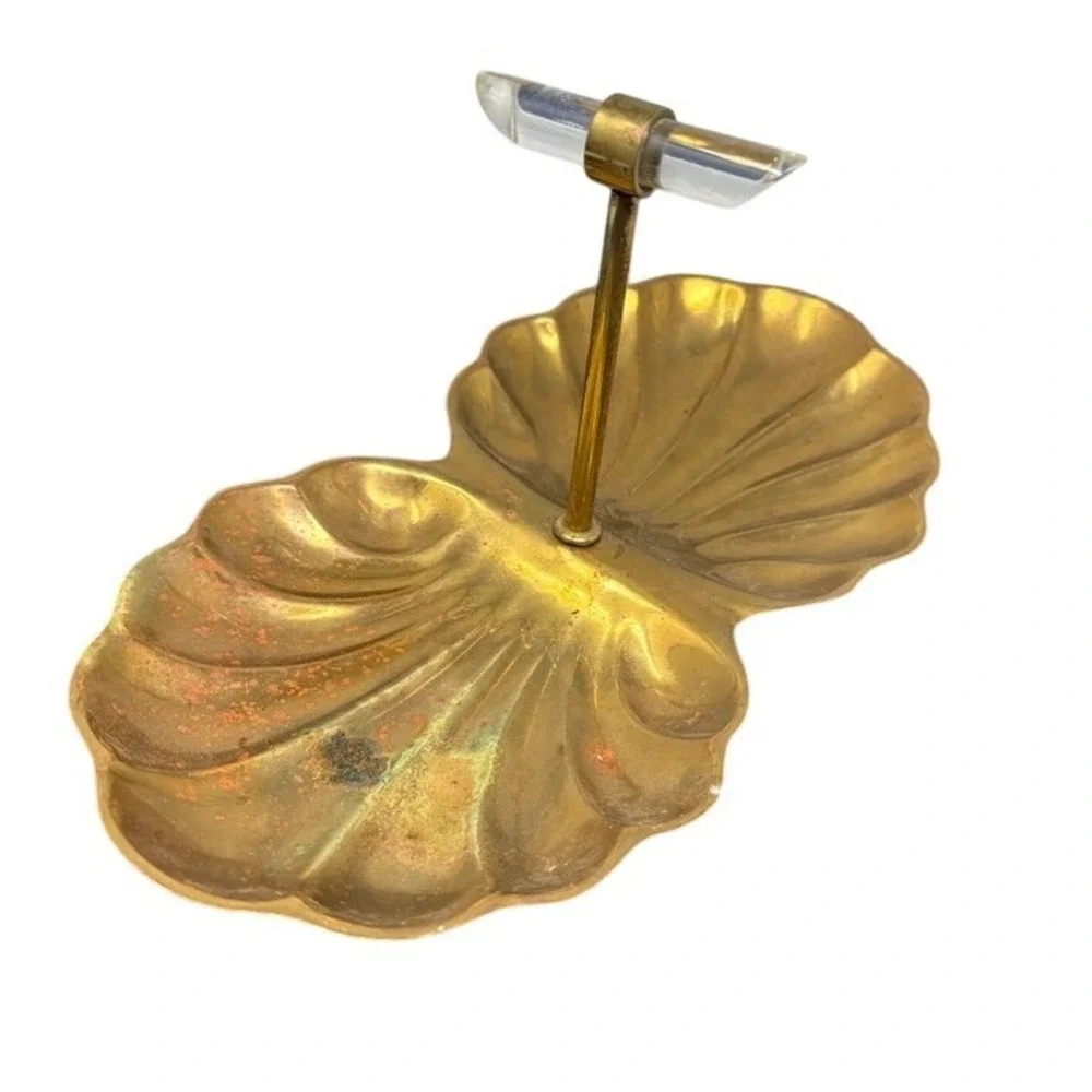 Vintage Brass‎ Double Shell Trinket Dish Candy Nut Server with Lucite Handle